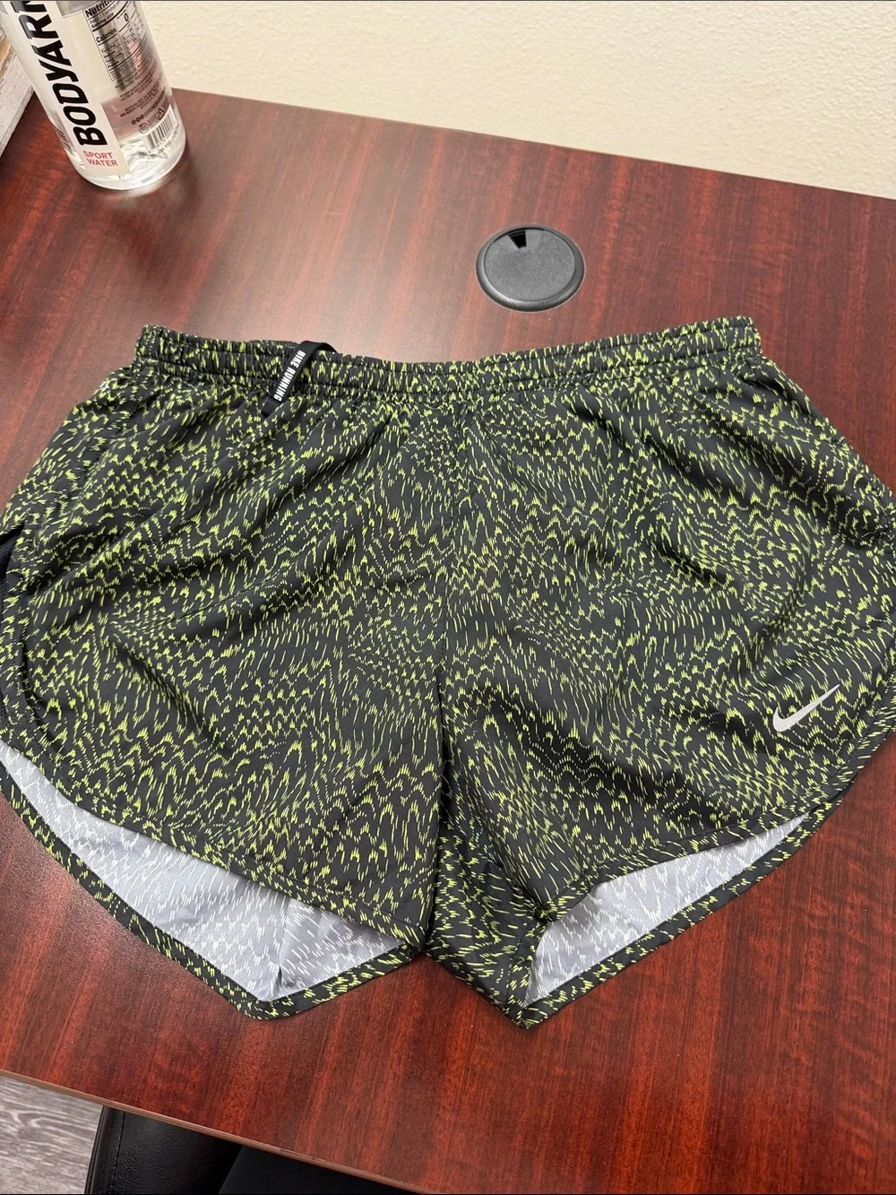 Nike Women’s Black and Neon Green Patterned Athletic Shorts